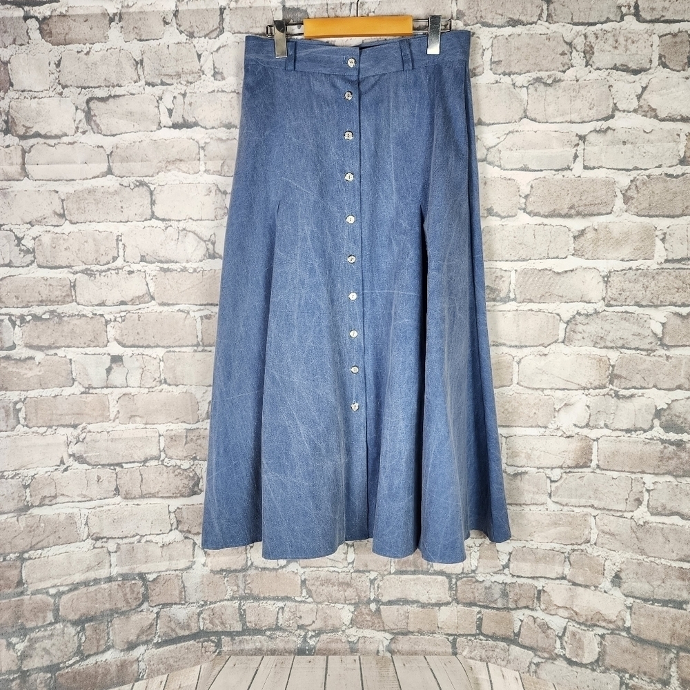 Vintage Western A Line Maxi Skirt Button Front Chambray Blue Cotton Size 11/12 - Picture 5 of 10